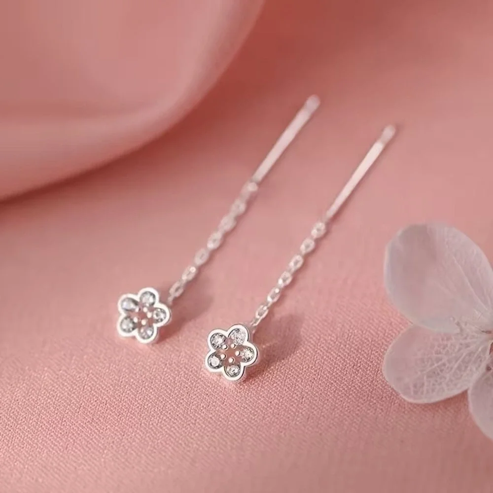 Silver Flower Threader Earrings Crystal Floral Cherry Blossom Pull Through Drop